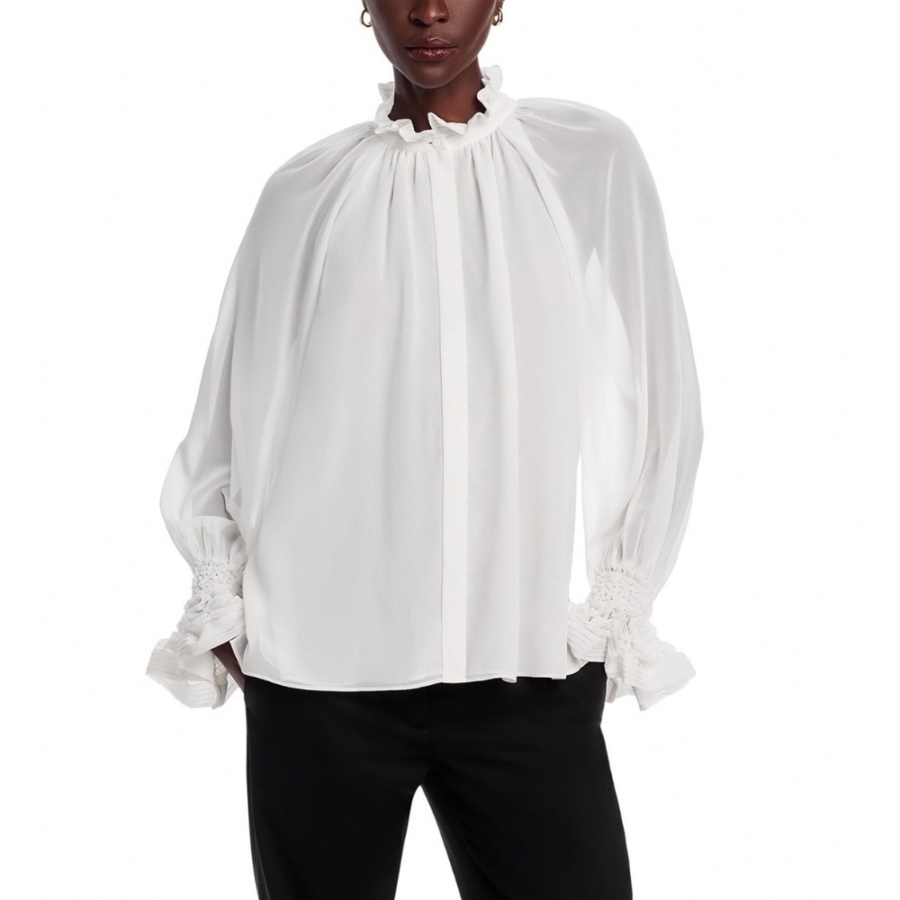Kobi Halperin Effie Blouse Ivory High Ruffle Neck Smocked Cuff Top Large NEW